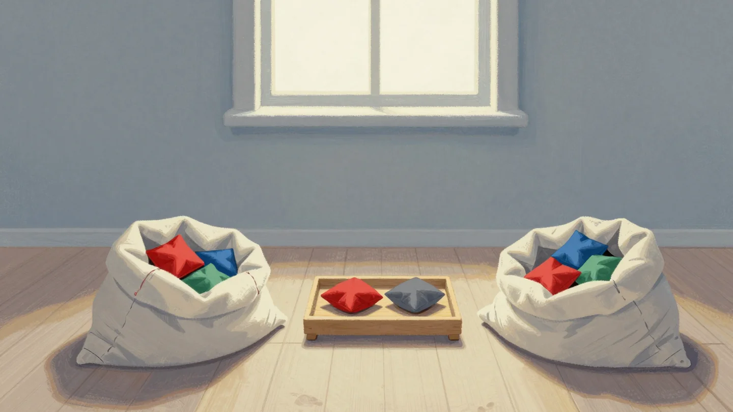 Gouache painting: on a wooden floor, two open cloth sacks hold small square bean bags in red, blue, green and gray