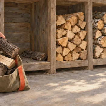 A hand lifts the last dark log from an old firewood bay into a canvas bag already holding dark logs and one pale log.