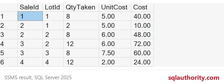 Six FIFO allocation rows show sales 2 and 3 split across two purchase lots each.