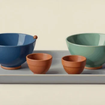 Blue and sage bowls with terracotta rim beads beside two smaller cups on a pale tray.