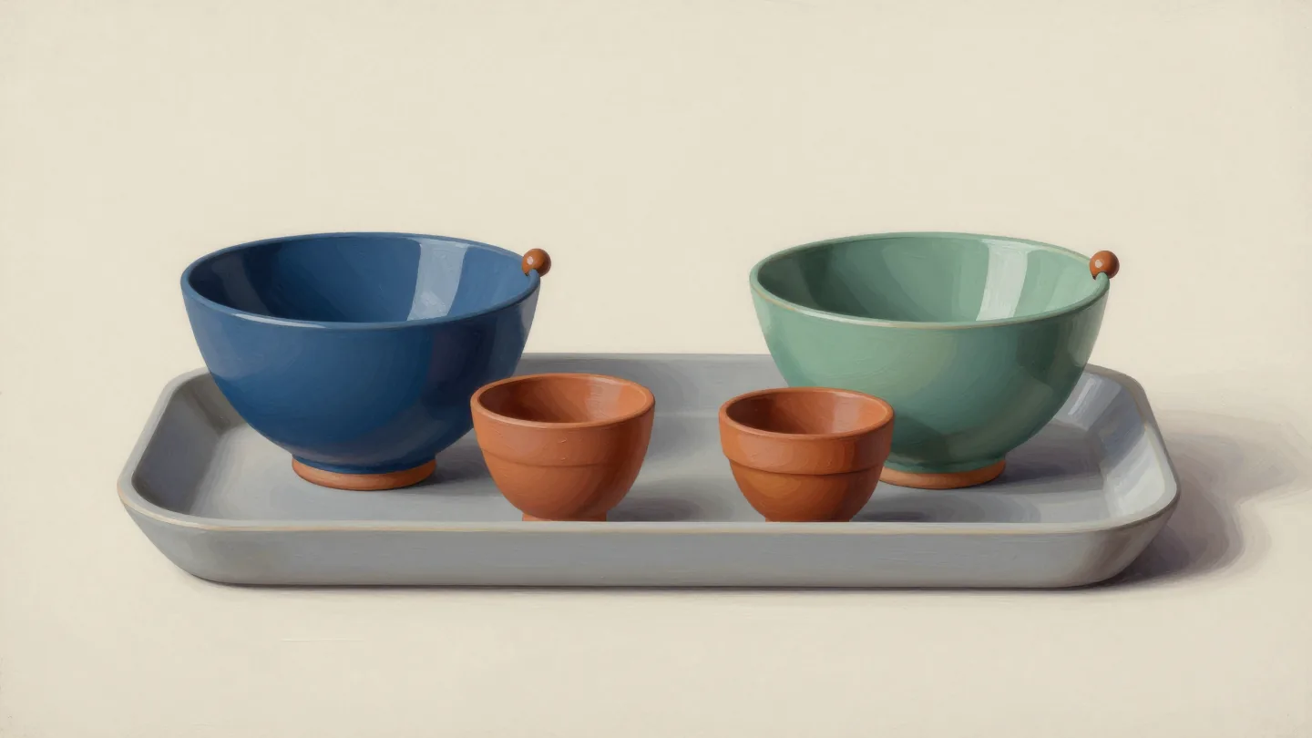 Blue and sage bowls with terracotta rim beads beside two smaller cups on a pale tray.