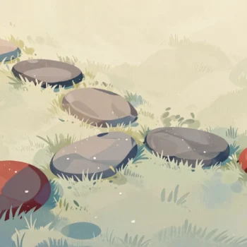 Gouache painting: three stepping stone paths cross a meadow