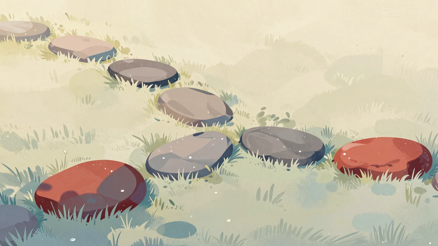 Gouache painting: three stepping stone paths cross a meadow