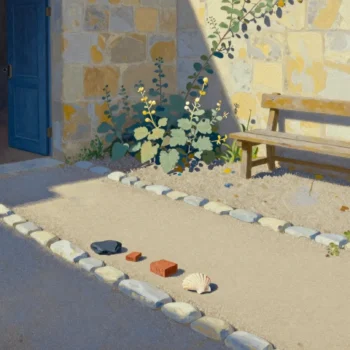 A pale stone courtyard path is bordered by white stones, with loose slate, terracotta bricks and a shell beside the edge.