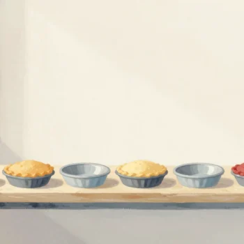 Gouache painting: along a long bakery bench stands a row of six pie tins, some holding baked pies and some empty
