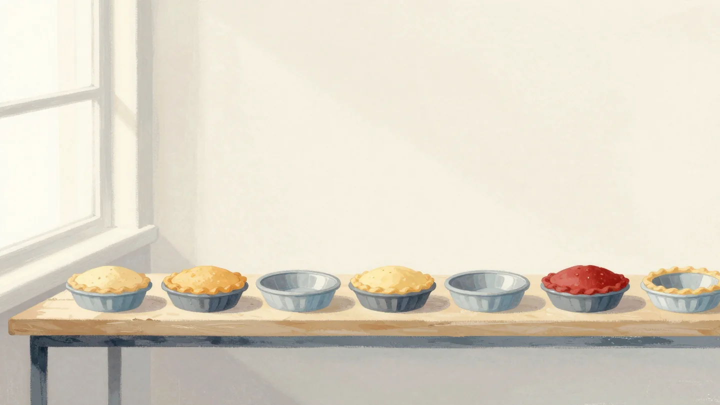 Gouache painting: along a long bakery bench stands a row of six pie tins, some holding baked pies and some empty