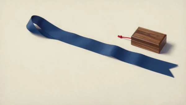 A long blue ribbon with a notched end lies beside a closed walnut box and red cord.