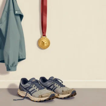 Worn, muddy running shoes by a front door with a plain finisher's medal hanging on a hook above them.