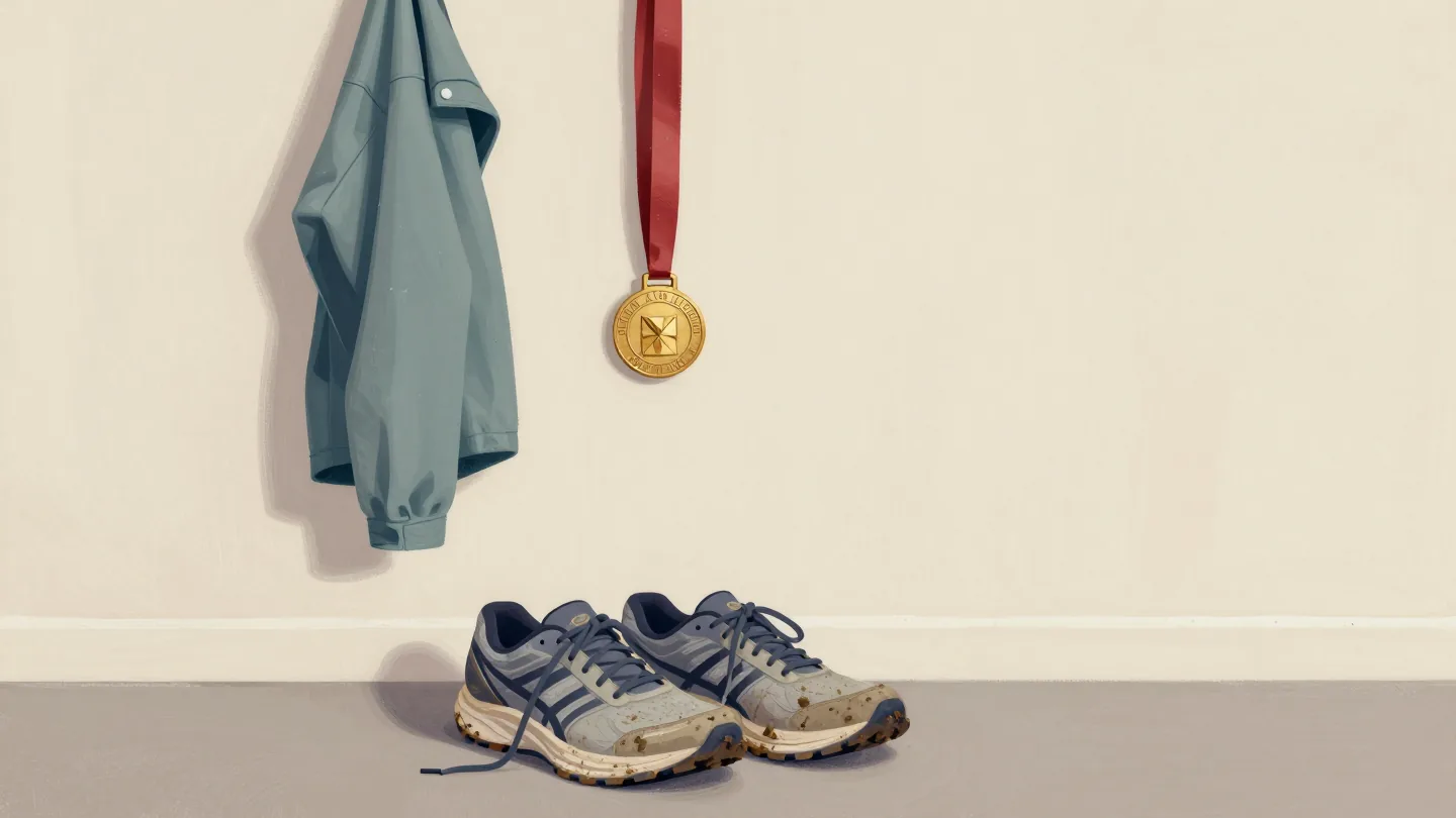 Worn, muddy running shoes by a front door with a plain finisher's medal hanging on a hook above them.