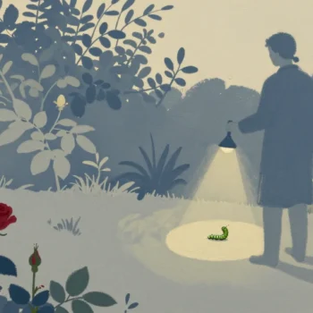 A gardener seen from behind shines a narrow torch beam on one rose leaf with a caterpillar, the garden dark around it.