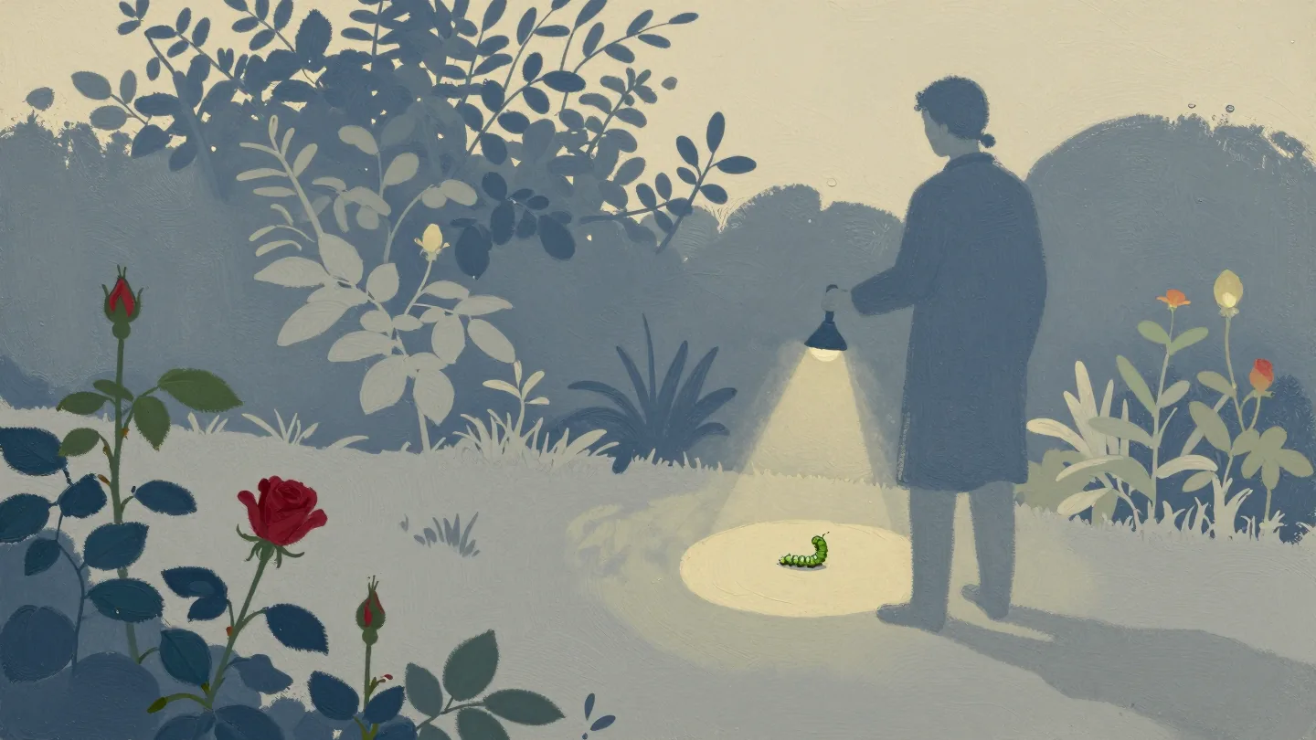 A gardener seen from behind shines a narrow torch beam on one rose leaf with a caterpillar, the garden dark around it.