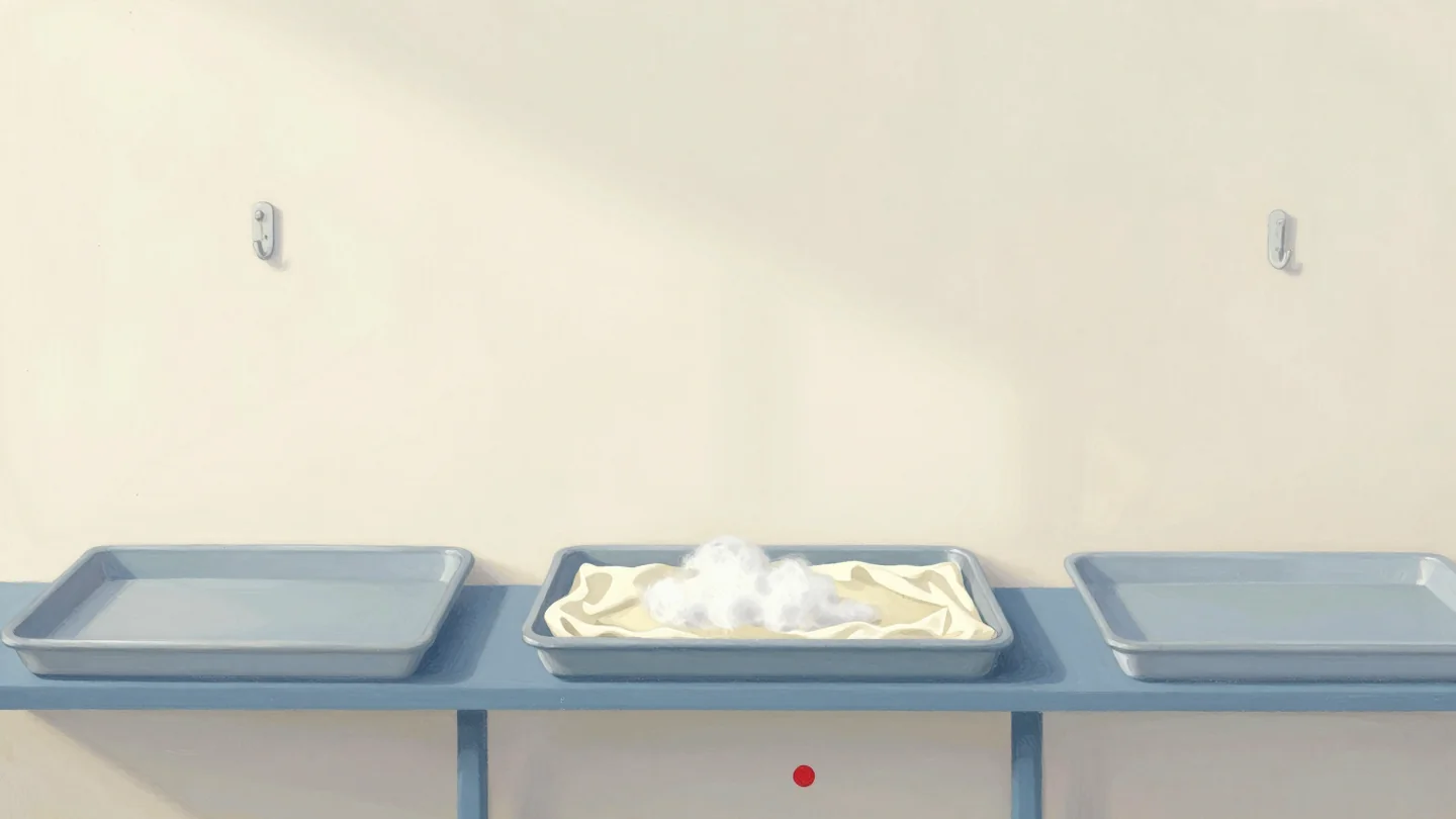 Gouache painting: three stations on a workshop wall and bench
