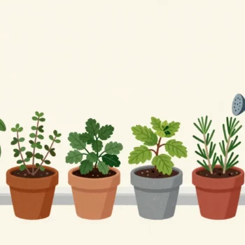Five potted herbs on a kitchen windowsill, four healthy and one wilting, with a watering can tilted toward it.