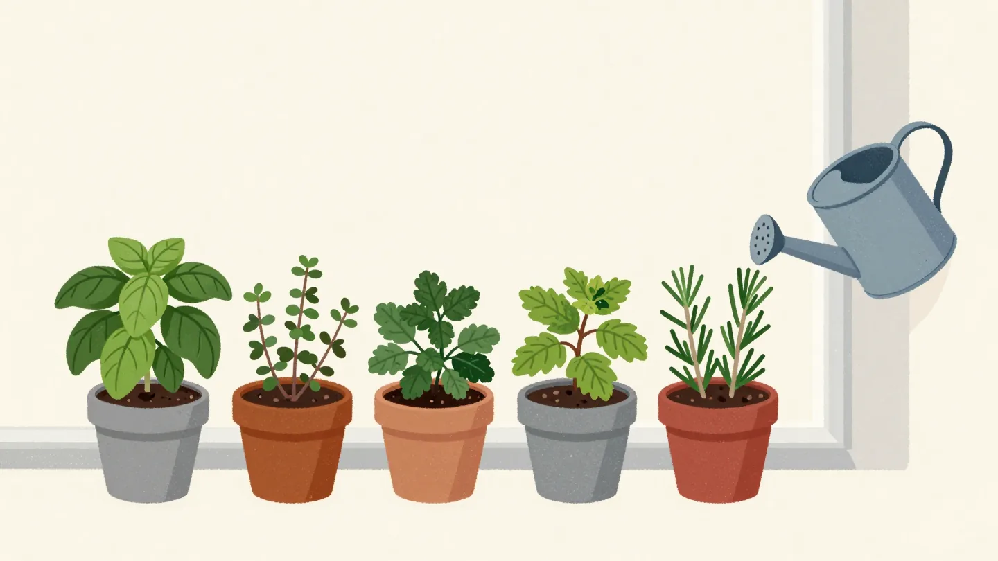 Five potted herbs on a kitchen windowsill, four healthy and one wilting, with a watering can tilted toward it.