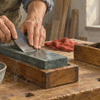 A hand sharpens a plane blade on a whetstone while the empty hand plane waits nearby.