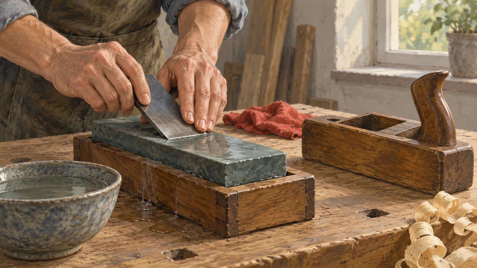 A hand sharpens a plane blade on a whetstone while the empty hand plane waits nearby.