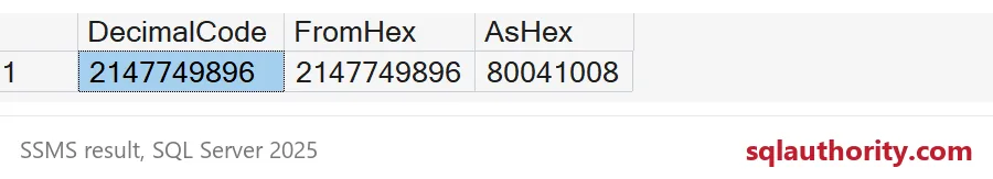 DecimalCode and FromHex both show 2147749896; AsHex shows 80041008.