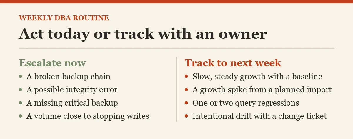 Act today or track with an owner: a checklist on the weekly routine