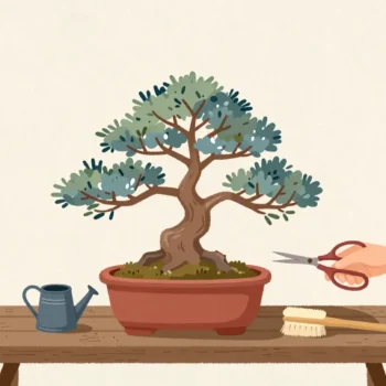 Hands trimming a bonsai tree in a red pot