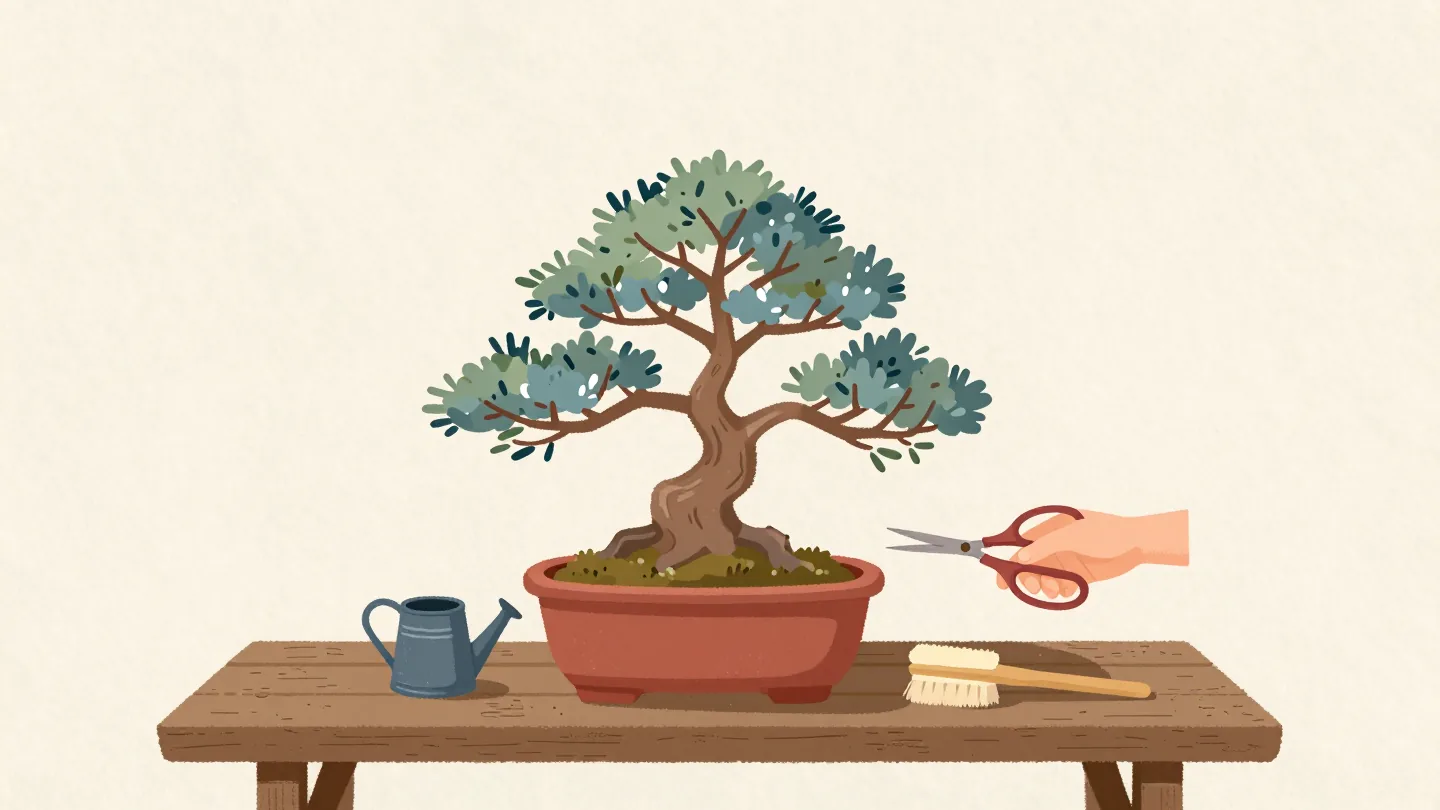 Hands trimming a bonsai tree in a red pot