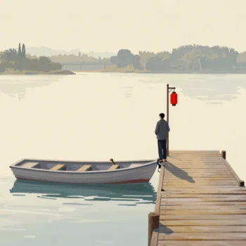 A small rowing skiff and a wide log raft moored side by side at a river jetty, a ferryman watching the bend.