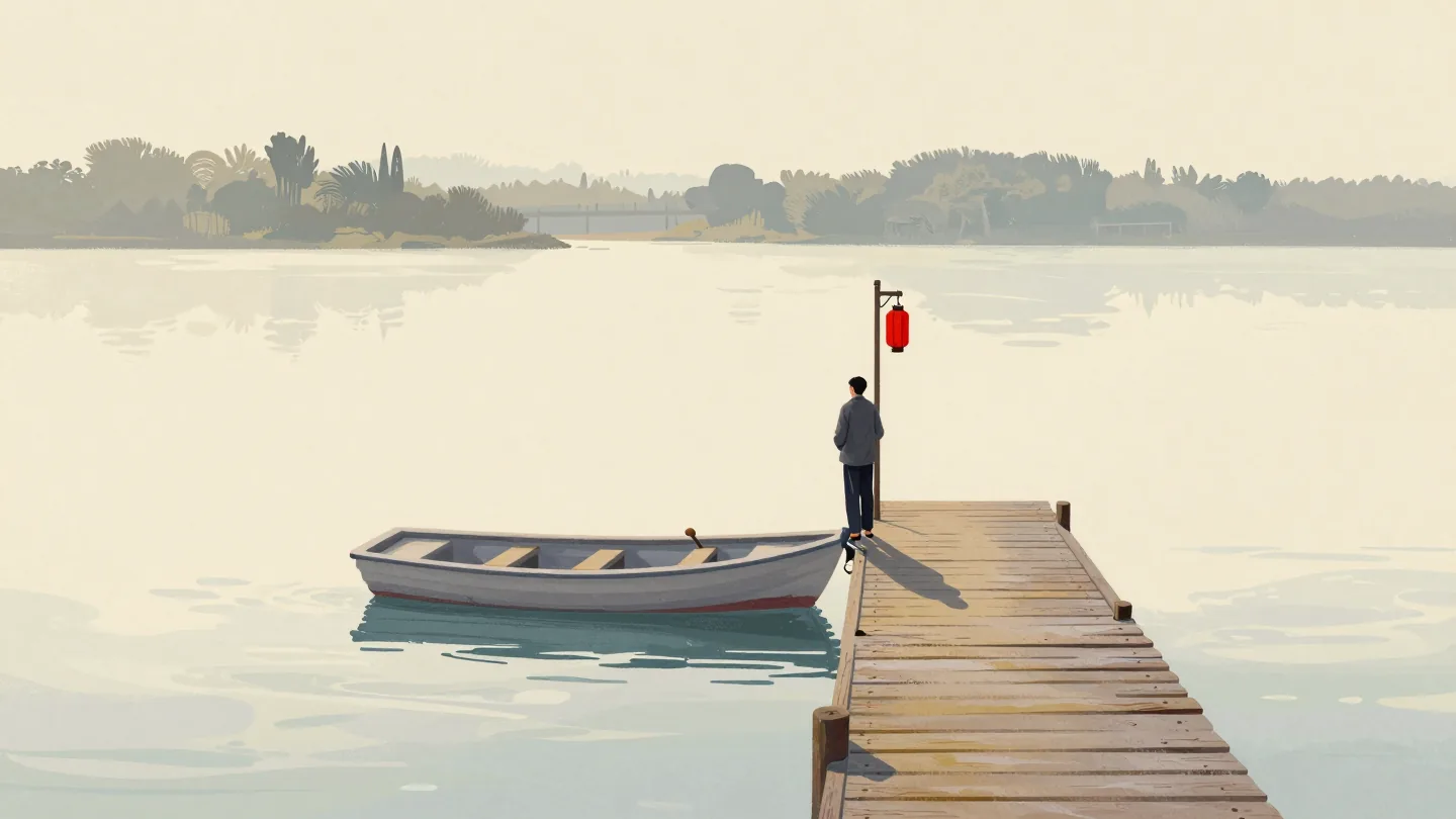 A small rowing skiff and a wide log raft moored side by side at a river jetty, a ferryman watching the bend.