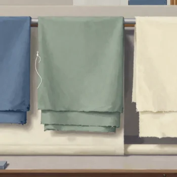 Blue, sage and cream textile panels hang in order above folded cloth and a red spool.