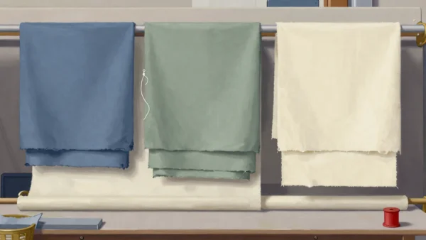 Blue, sage and cream textile panels hang in order above folded cloth and a red spool.