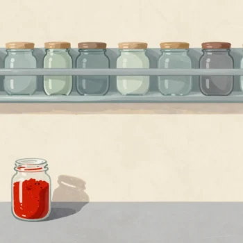 A full spice rack with no room left, a new jar of red paprika standing on the counter below