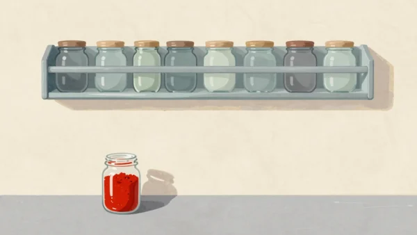 A full spice rack with no room left, a new jar of red paprika standing on the counter below