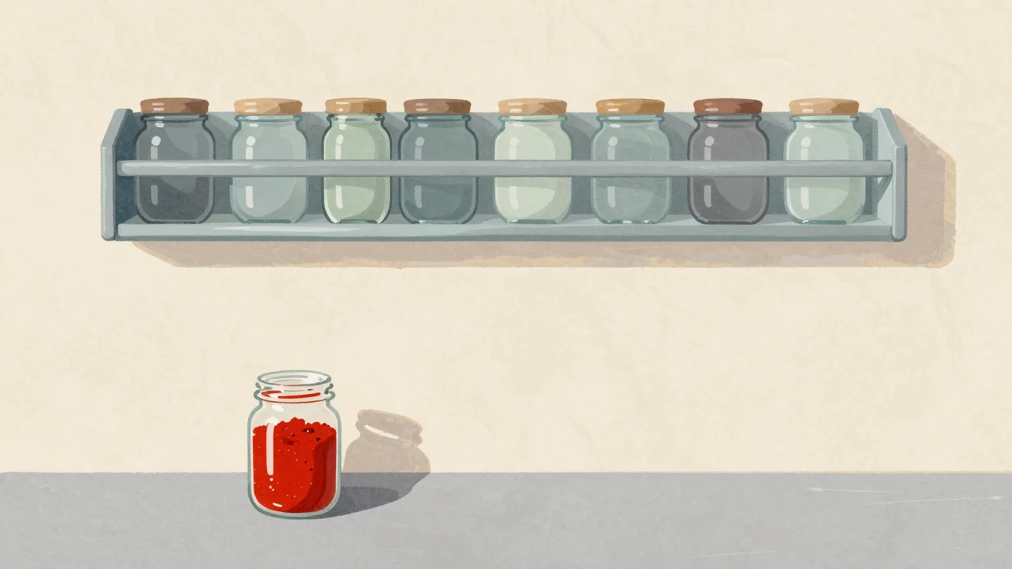 A full spice rack with no room left, a new jar of red paprika standing on the counter below