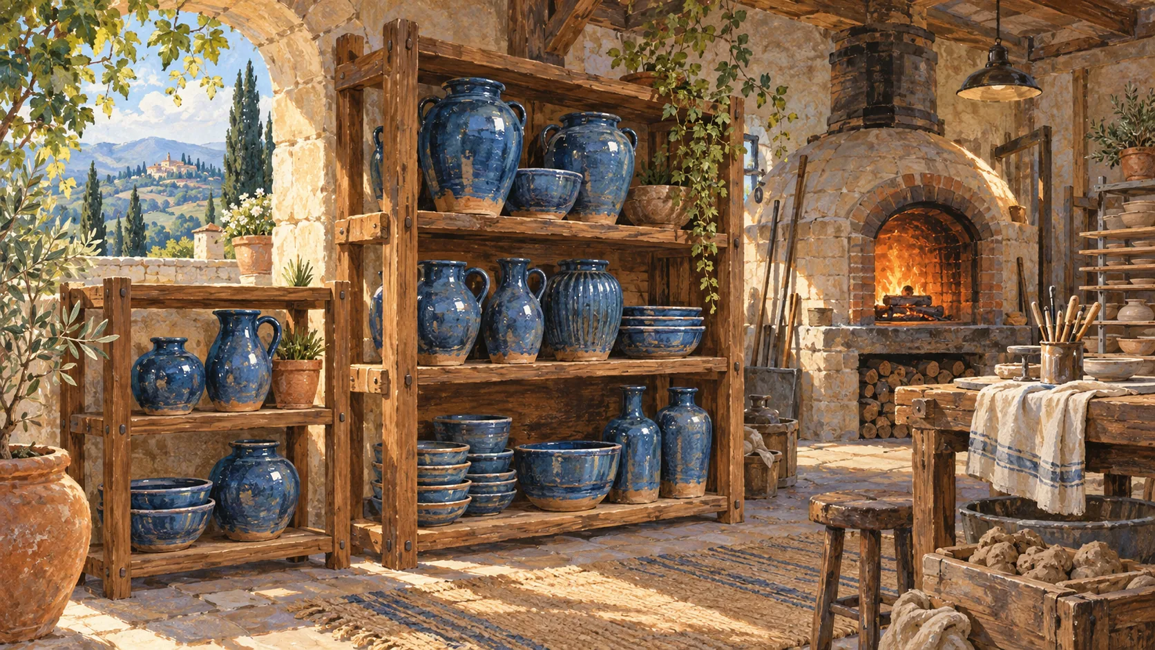 Blue pottery bowls and pitchers sit on two connected wooden shelving units beside a glowing stone kiln.