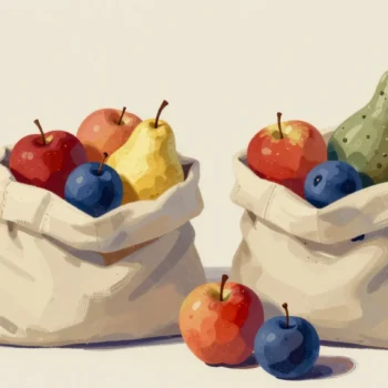 Gouache painting: two open burlap sacks stand side by side