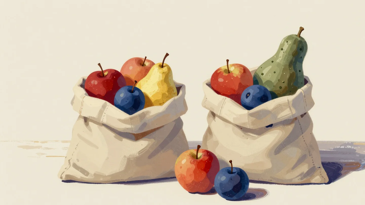 Gouache painting: two open burlap sacks stand side by side