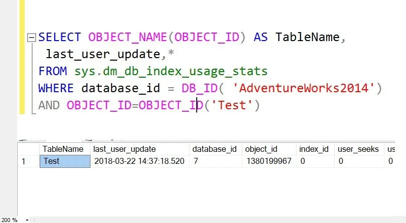 A SQL Server query in a window.