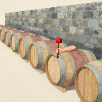 Oak casks in a long cellar row ordered from dark old wood to pale new, a hand resting on one in the middle.