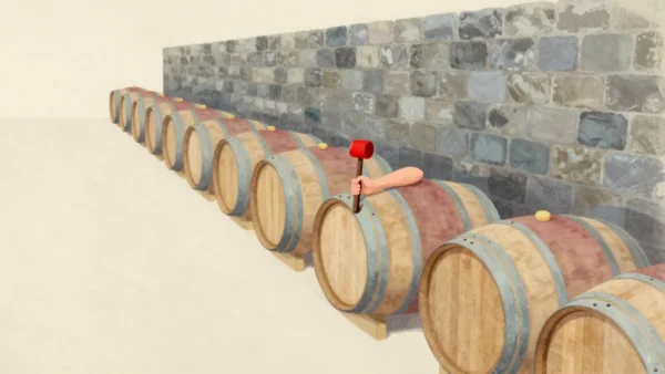 Oak casks in a long cellar row ordered from dark old wood to pale new, a hand resting on one in the middle.