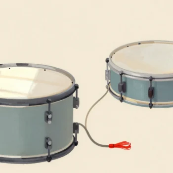 Gouache painting: on an identical drum beside it, a cord cut from a rounded-off measure falls a hair short, leaving a tiny visible gap beside a small vermilion knot