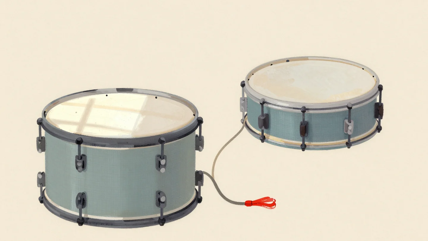 Gouache painting: on an identical drum beside it, a cord cut from a rounded-off measure falls a hair short, leaving a tiny visible gap beside a small vermilion knot