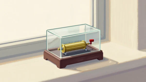 A hand winding a glass-lidded music box, its brass pinned cylinder and steel comb visible inside