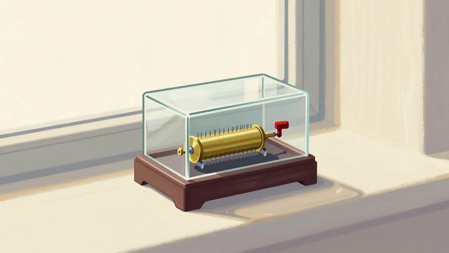 A hand winding a glass-lidded music box, its brass pinned cylinder and steel comb visible inside