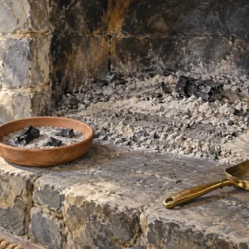 A cold hearth, retained charcoal pieces in a terracotta bowl, a brass shovel and a brush.