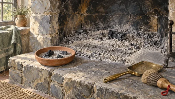 A cold hearth, retained charcoal pieces in a terracotta bowl, a brass shovel and a brush.