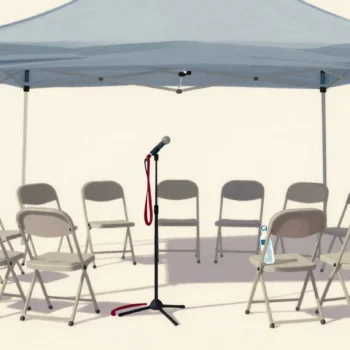 A microphone on a stand facing rows of empty chairs in a pavilion tent, a red lanyard on it