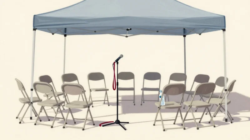 A microphone on a stand facing rows of empty chairs in a pavilion tent, a red lanyard on it