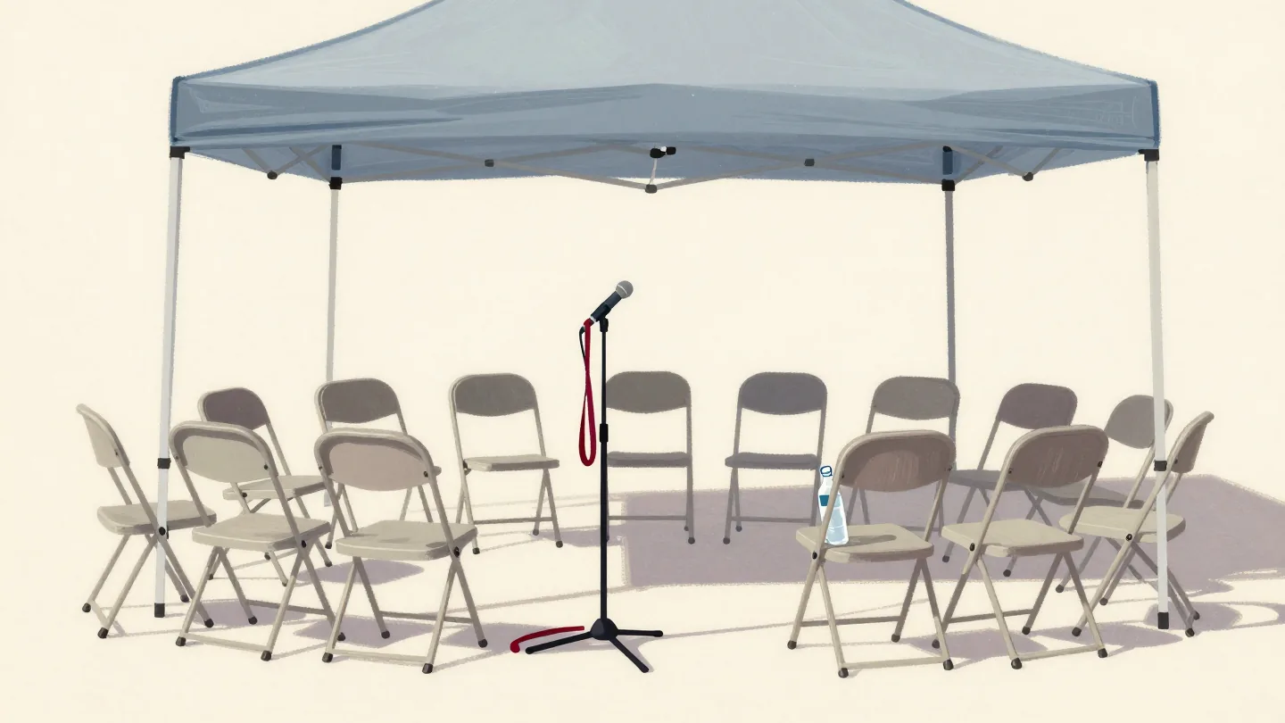 A microphone on a stand facing rows of empty chairs in a pavilion tent, a red lanyard on it