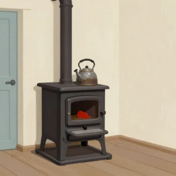 A new cast iron stove in an old farmhouse kitchen with a dented old kettle sitting on top of it.