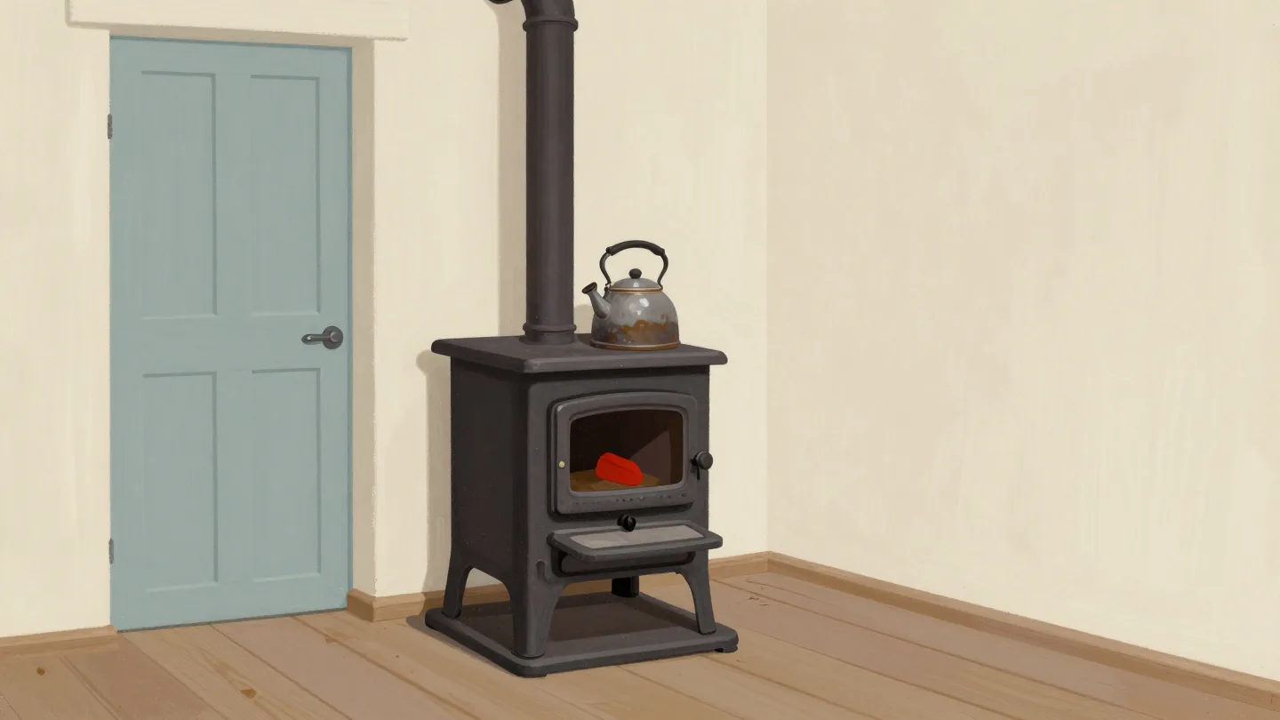 A new cast iron stove in an old farmhouse kitchen with a dented old kettle sitting on top of it.