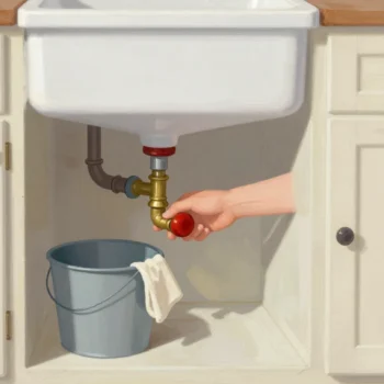 A hand reaches under an old kitchen sink to grip the brass handle of the water stopcock.