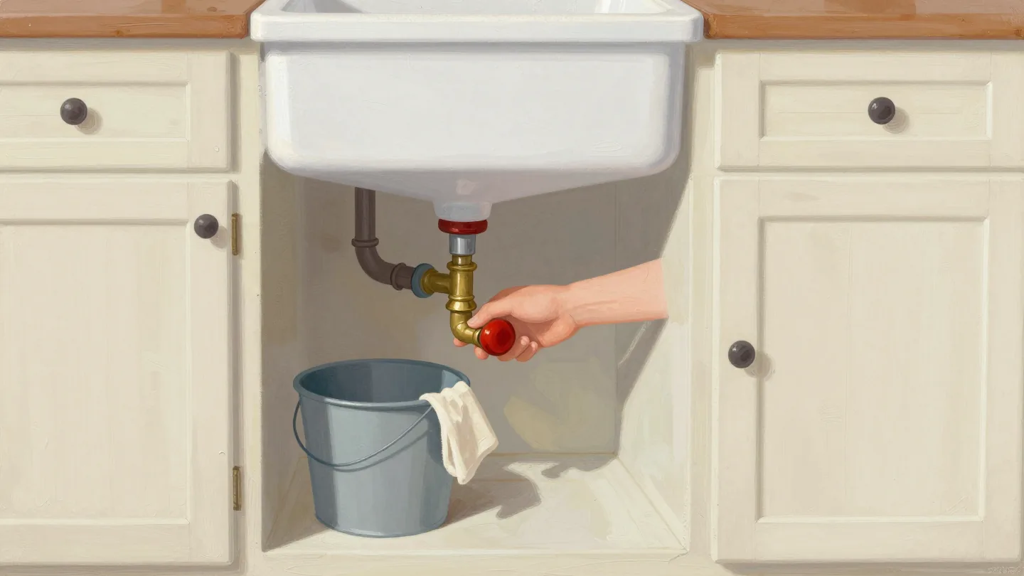 A hand reaches under an old kitchen sink to grip the brass handle of the water stopcock.